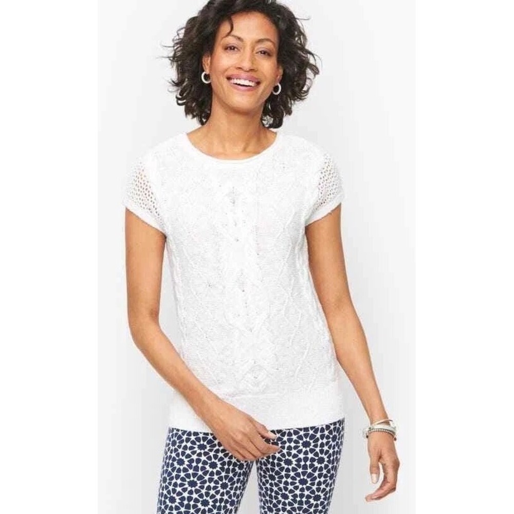 Talbots White Cable-Knit Sweater Womens M Linen Cotton Blend Cap-Sleeve Pullover